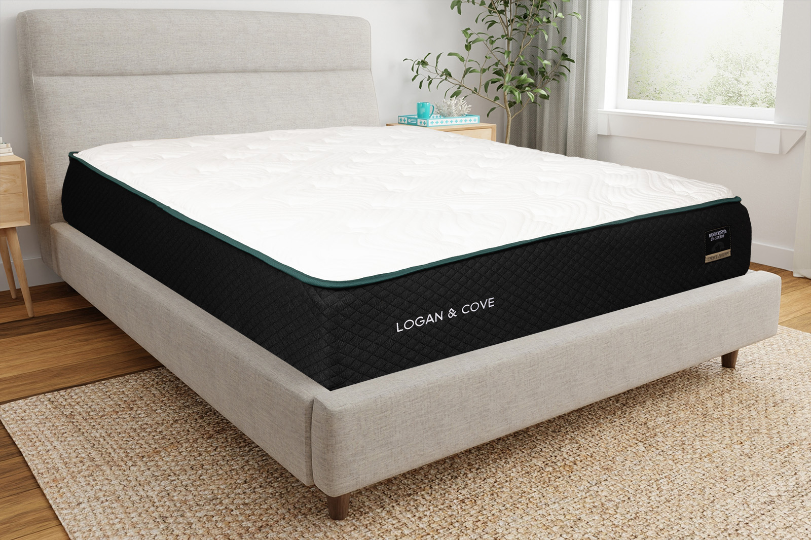 LCChoiceCornerAngle MattressReviewscom Front corner angle photo of a Logan Cove Choice mattress sitting on a bedframe in a bedroom