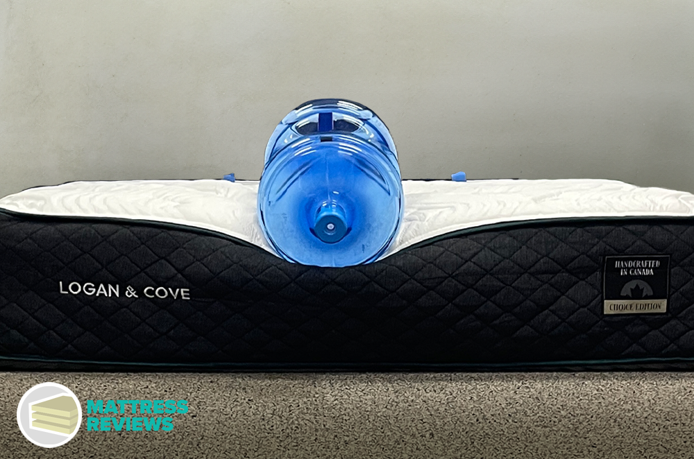 water bottle lying on the edge of the Logan & Cove Choice mattress to demonstrate edge support