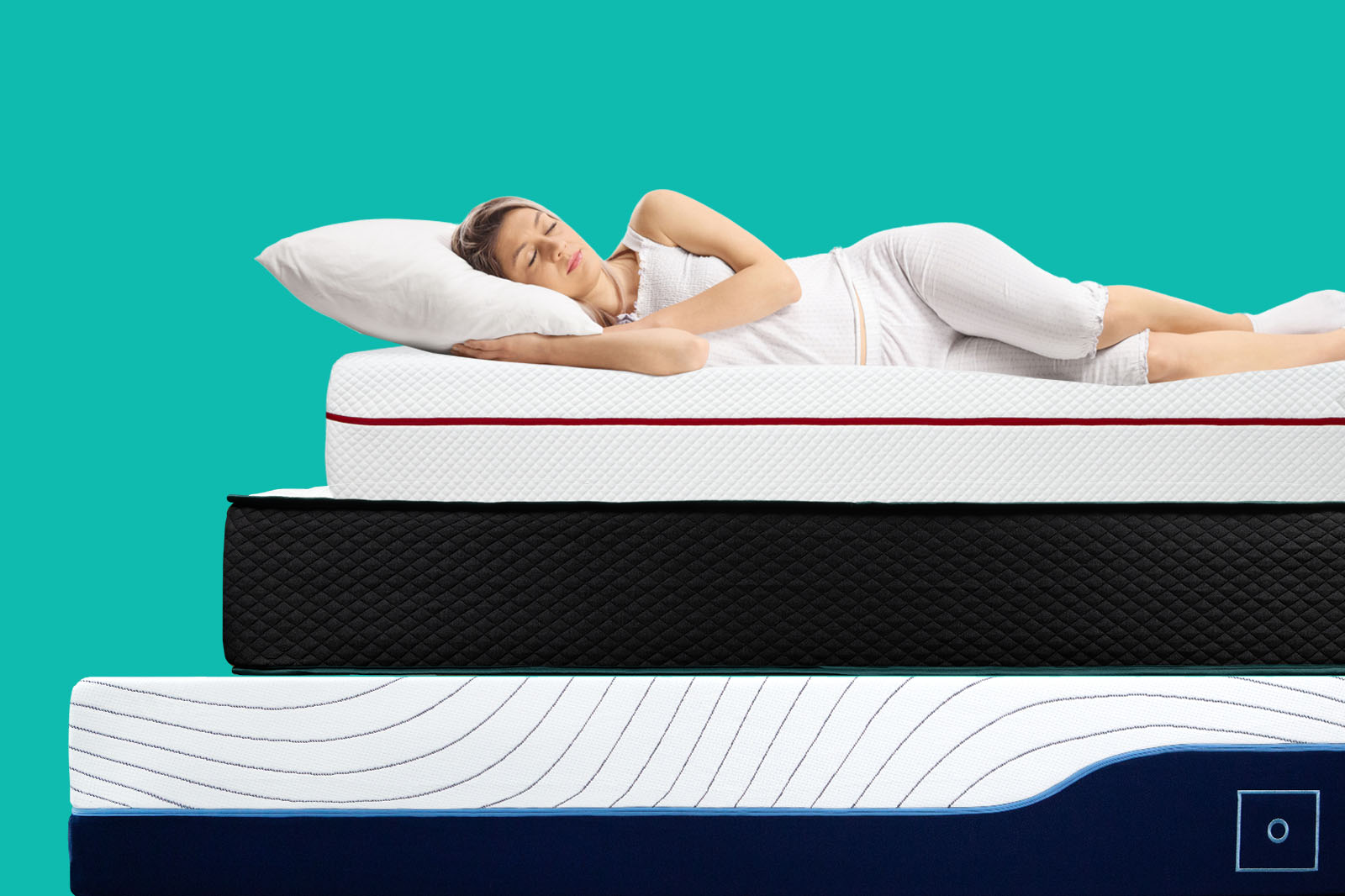 MRArticleHeader MattressReviewscom Header image of woman lying on top of a stack of GoodMorningcom mattresses
