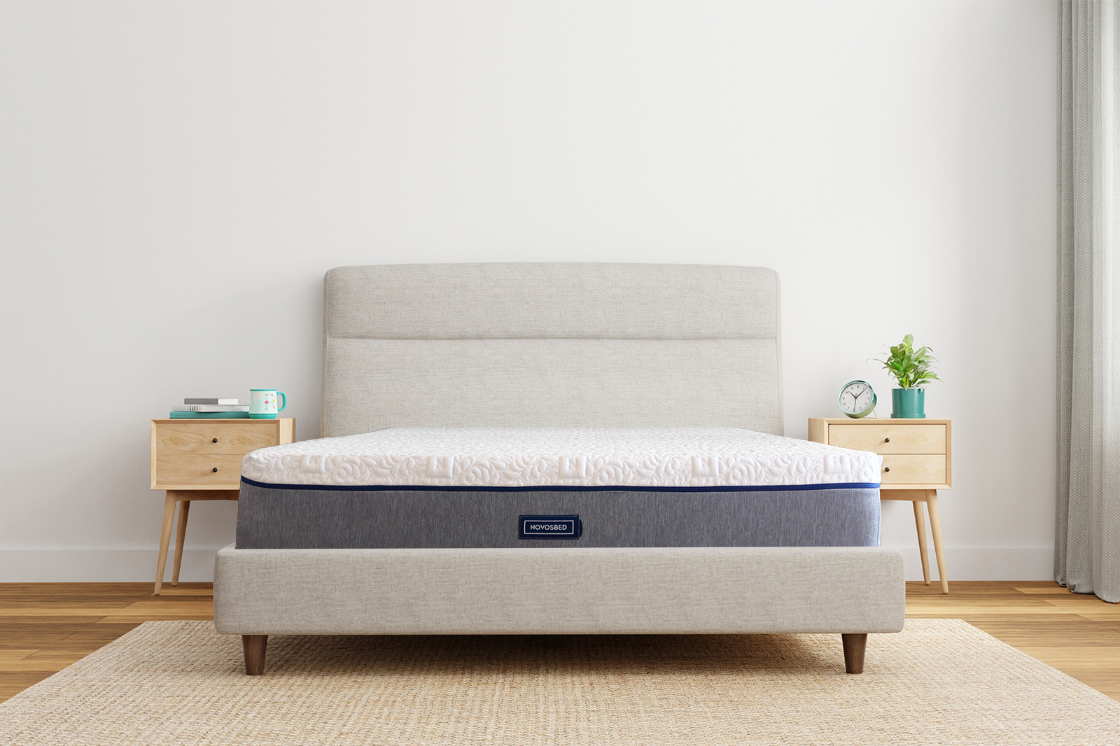 NovosbedFrontAngle MattressReviewscom Front view of a Novosbed mattress on a bedframe in a bedroom