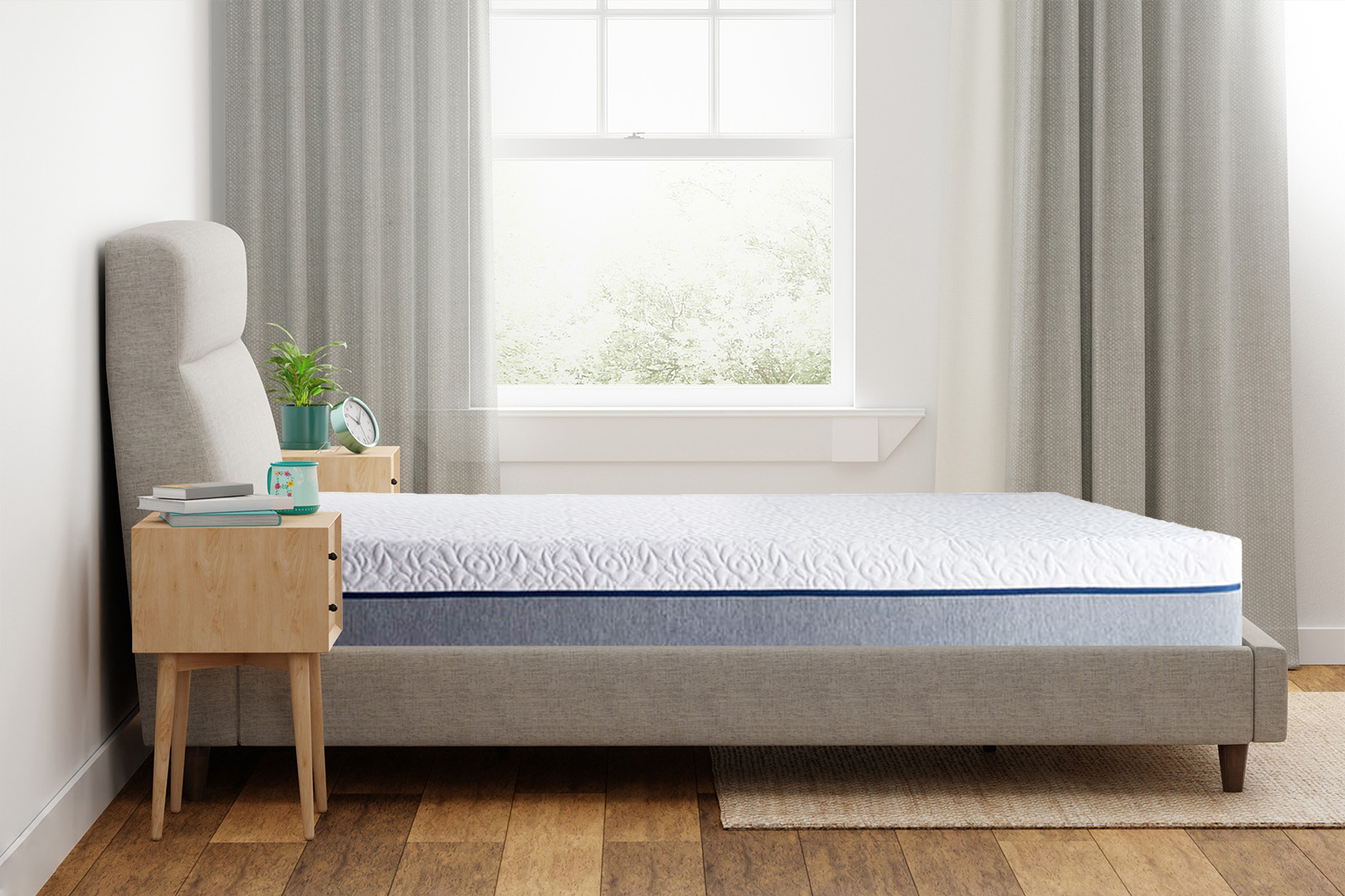 NovosbedSideAngle MattressReviewscom Side view of a Novosbed mattress on a bedframe in a bedroom
