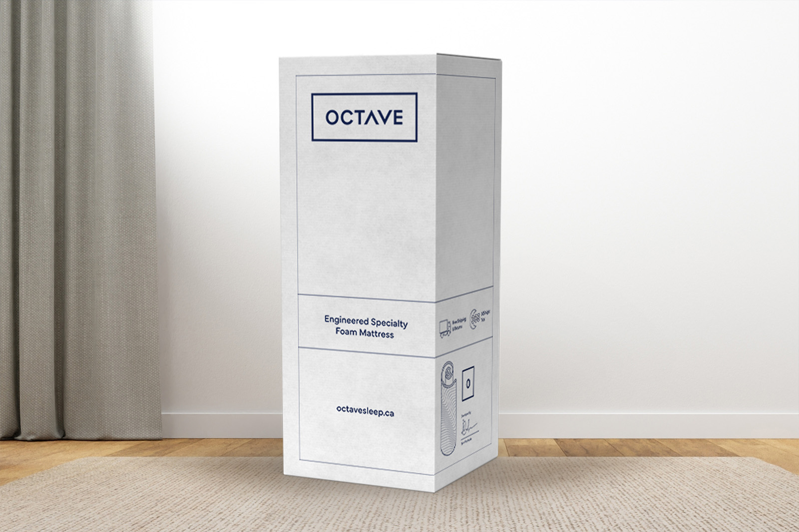OCMirageBox MattressReviewscom The octave mirage mattress box standing upright on a carpet
