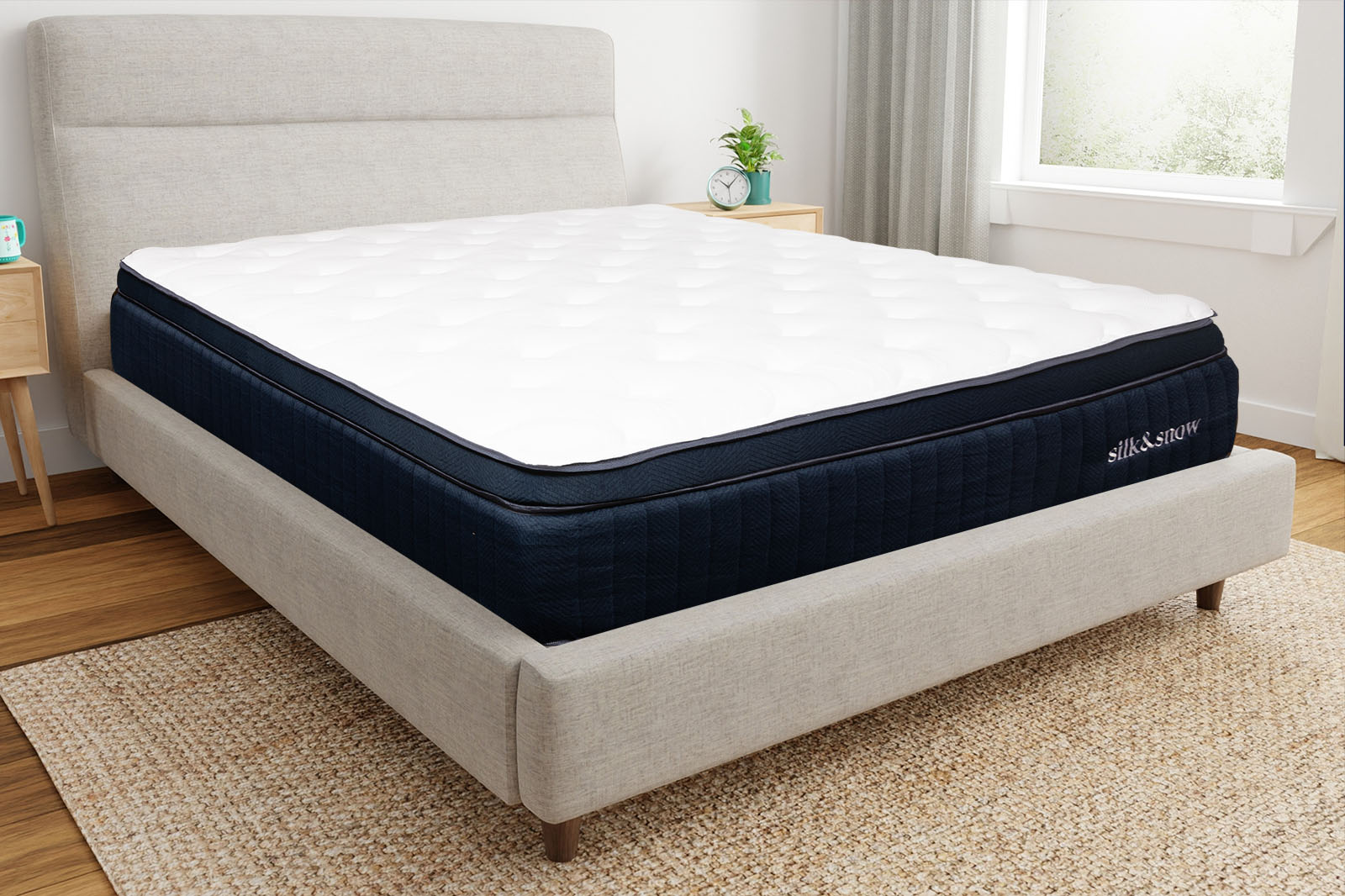 SilkSnowHybridCornerAngle MattressReviewscom Corner view of the silk snow mattress on a bed